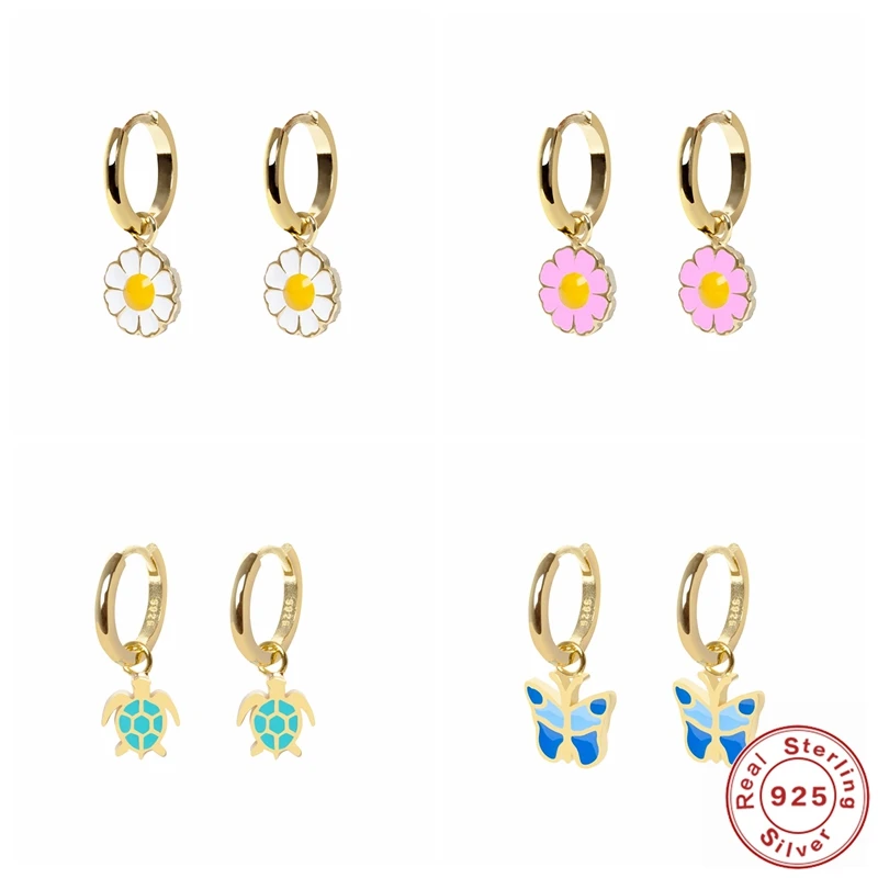 

Aide 2021 Trendy Earring 925 Sterling Silver Classic Flower Butterfly Tortoise Huggie Hoop Rings for Women Korean Fine Jewelry