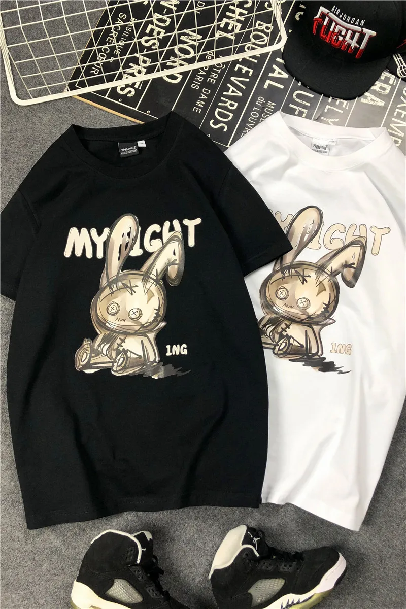 

Summer Euro American brand cartoon rabbit net red ins lovers short sleeve t-shirt men and women BF style versatile loose T-shirt