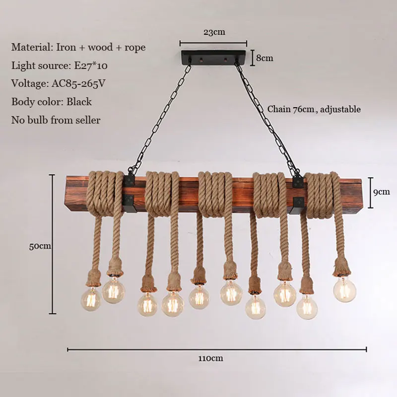 Lámpara colgante de cuerda de cáñamo industrial retro, luz de madera, 10 cabezales, para cafetería, bar, loft, sala de estar, comedor