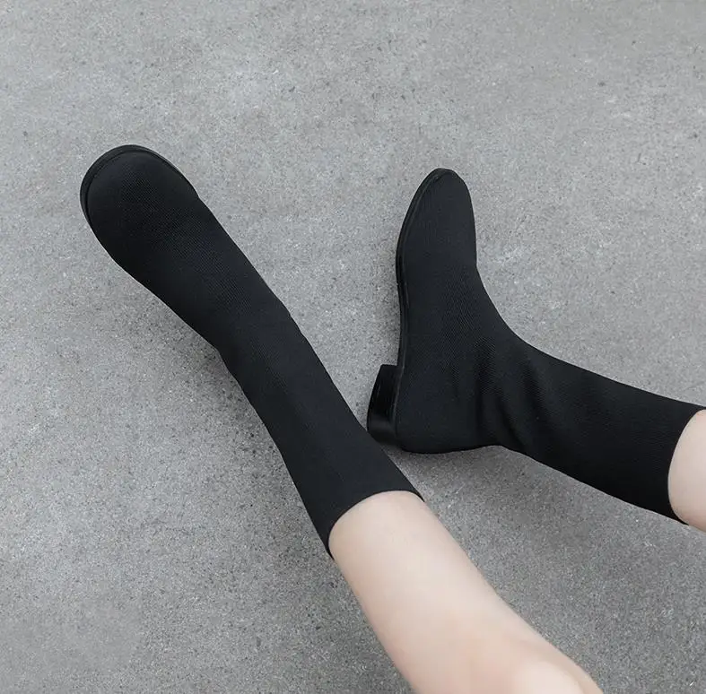 balck knitting Krazing pot/вязаные носки из натуральной коровьей кожи теплые сапоги до середины икры на низком каблуке с круглым носком, большие размеры 43, 42, 41, l36 - Цвет: balck knitting