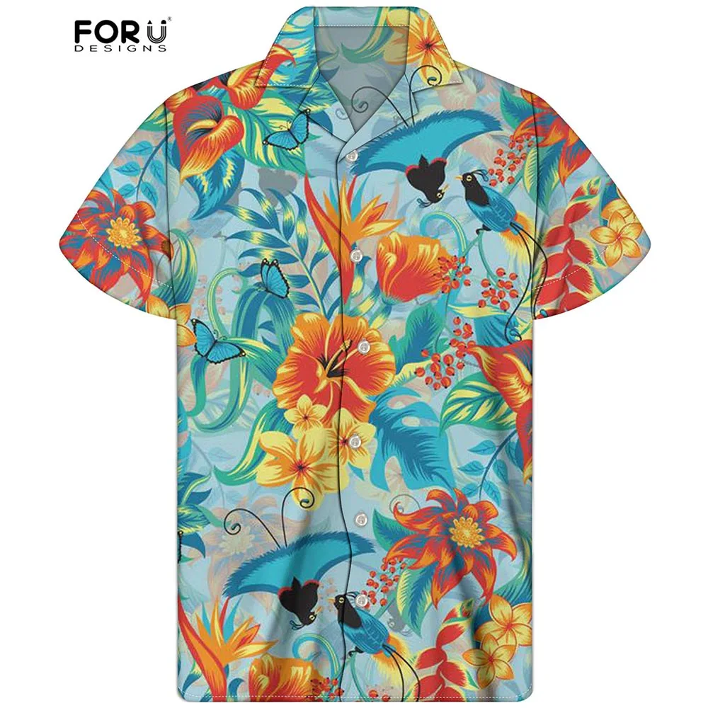 

FORUDESIGNS Men's Clothing Summer Hawaiian Style Floral Parrot Bird Pattern Short Sleeved Tees Plus Size Beach Shirts Mujer