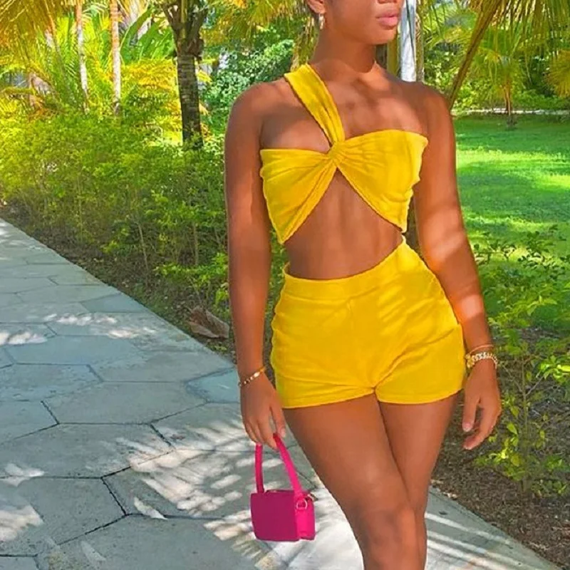 

Wrap Chest Crop Top And Shorts 2 Piece Outfits Summer Fashion Skinny Solid Women Matching Set Asymmetrical Casual Cloth