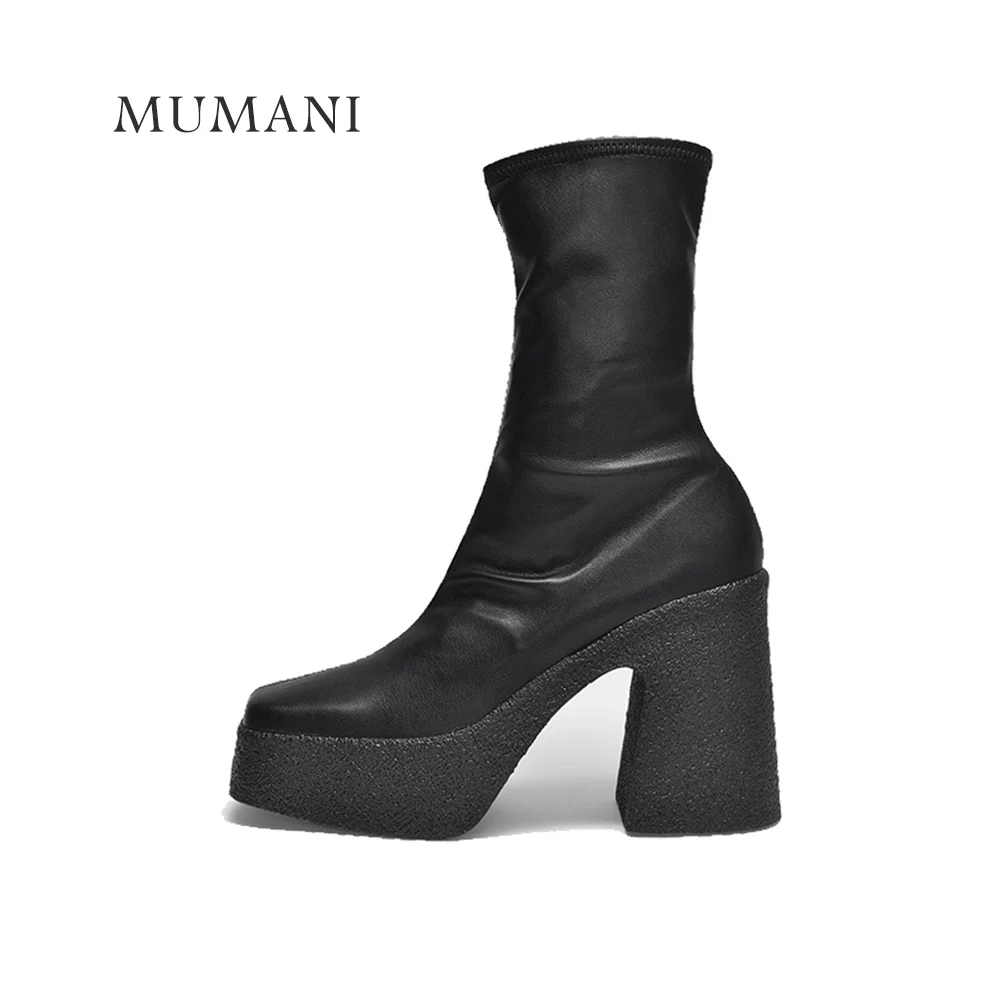 MUMANI Woman‘s Stretch ANKLE Boots Platform Super High Heel 9CM Leather Orange Square Toe Lady Shoes Square Heel Modern Boots