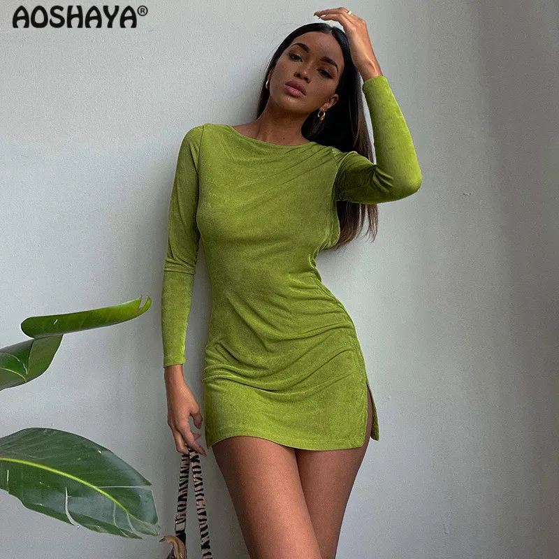 

AOSHAYA Backless Bandage Bodycon Autumn Dress 2021 Long Sleeve O-Neck Dresses For Women Fashion Solid Streetwear Female Vestidos