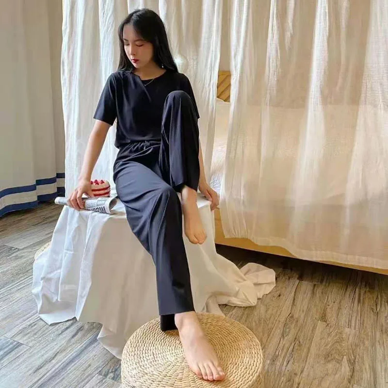 New Women's Pajamas Suit Soft Home Wear Soft Comfortable Loose Short Sleeve Trousers Sleepwear Two Piece Set Nightwear