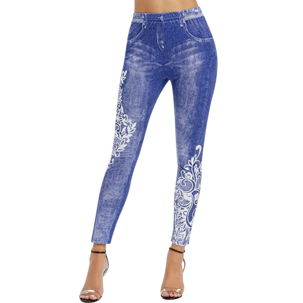 Женские леггинсы с модным цветочным принтом имитирующие джинсы эластичные