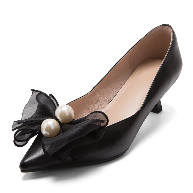 

Inside and outside full leather fairy wind mesh bow middle heel shoes 2021 spring new thin heel pearl single shoes women's