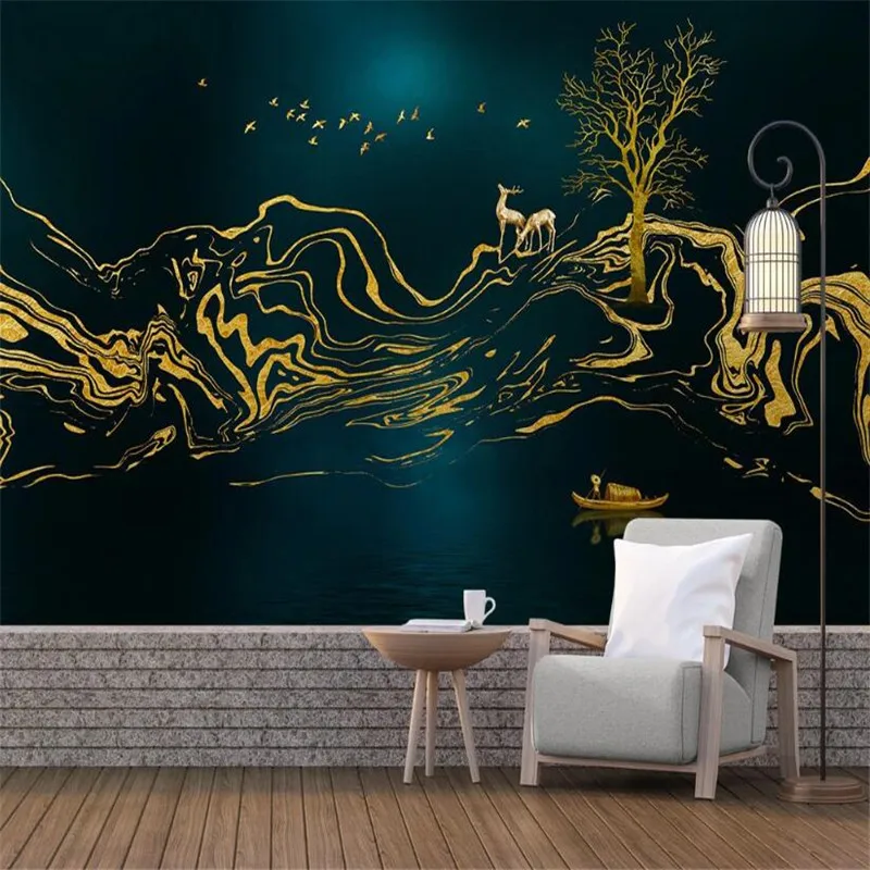 

milofi custom 3D abstract golden lines elk big tree TV bedroom background wallpaper mural