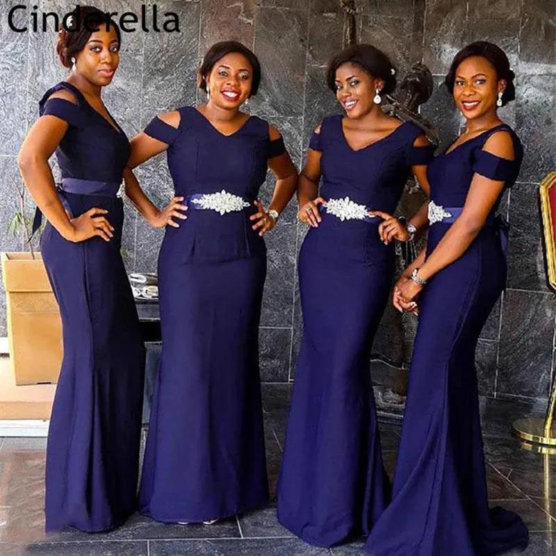 

Navy Bridesmaid Dresses Crystal V-Neck Sweep Train Mermaid Silk Satin Bridesmaid Dresses With Lace Up Back Wedding Party Dresses