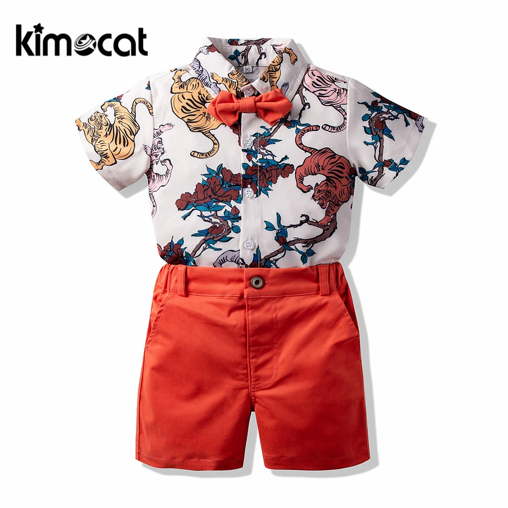 

Kimocat Baby Boy Clothes Summer Kids Boys Clothing Set Short Sleeve Animal Tigers Printed Shirt+Bowtie+Shorts+Orange Shorts Set