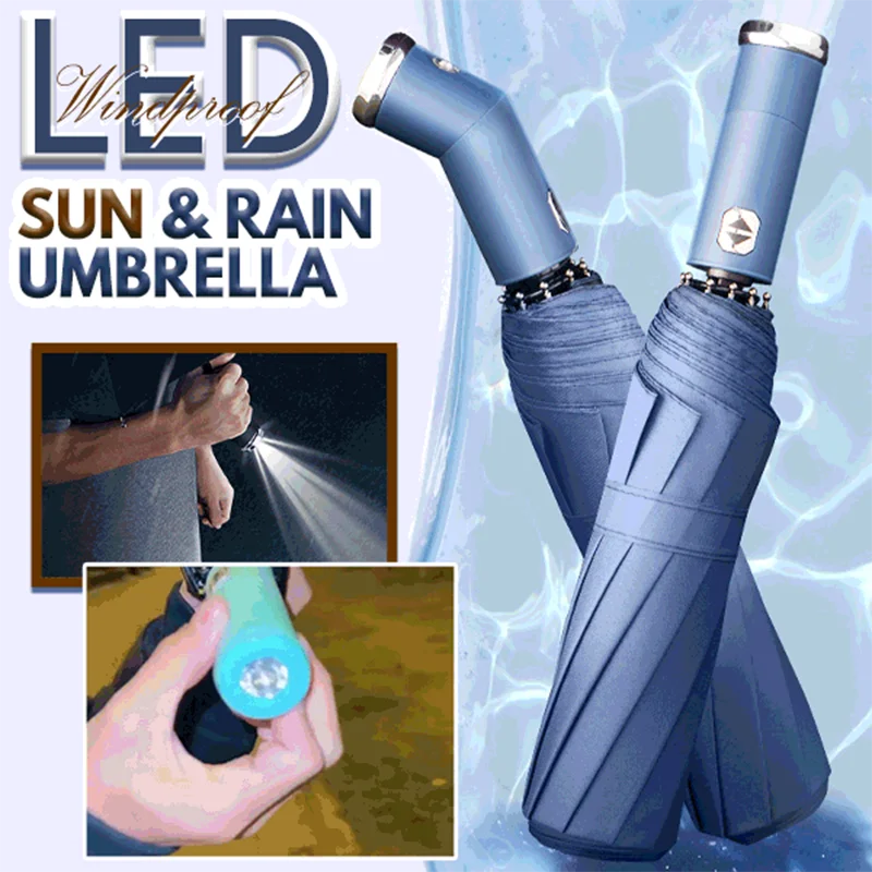 

Windproof Led Sun & Rain Umbrella Fully Automatic 10 Ribs Umbrellas With 3 Fold Dual Use Unisex Umbrellas Rain Gear