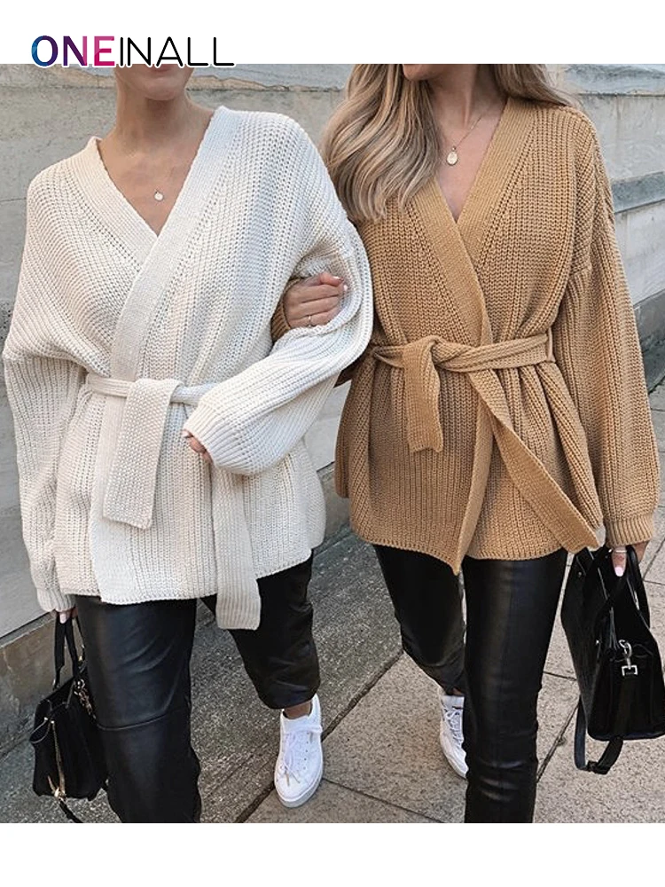 

Женский Повседневный Кардиган ONEINALL, однотонный минималистичный свитер с V-образным вырезом и длинным рукавом, приталенный белый кардиган н...