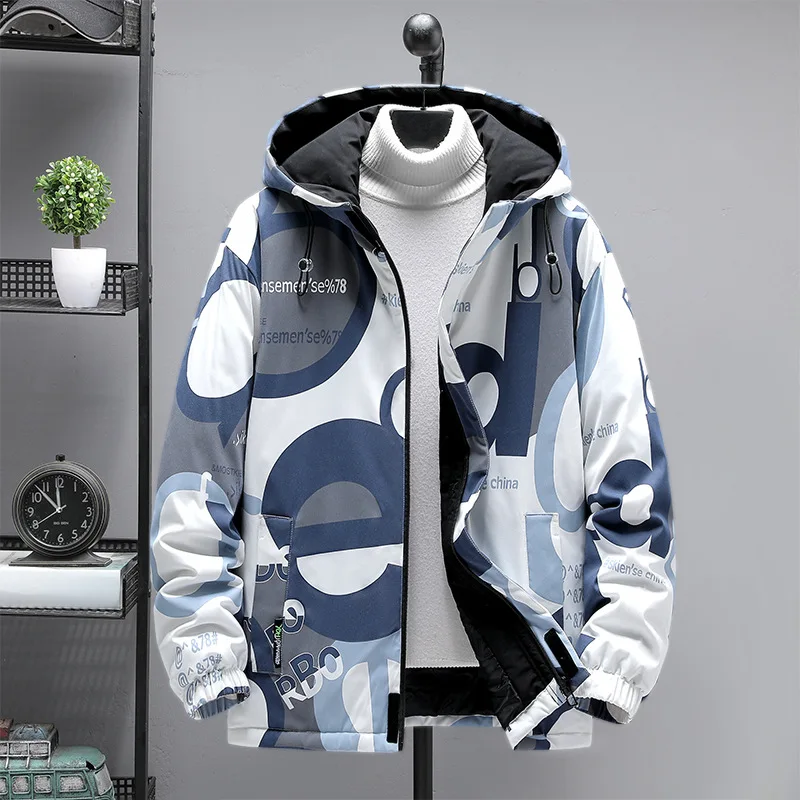Men's Fashion Plus Size Printed Sports Jacket Autumn and Winter Youth Hooded Padded Jacket Japanese Trendy Brand Winter Jacket