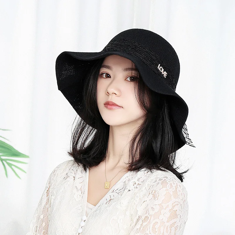 

European and American summer new style small fragrant wind knit hat lady sweet lace fisherman hat with big brim folding beach su