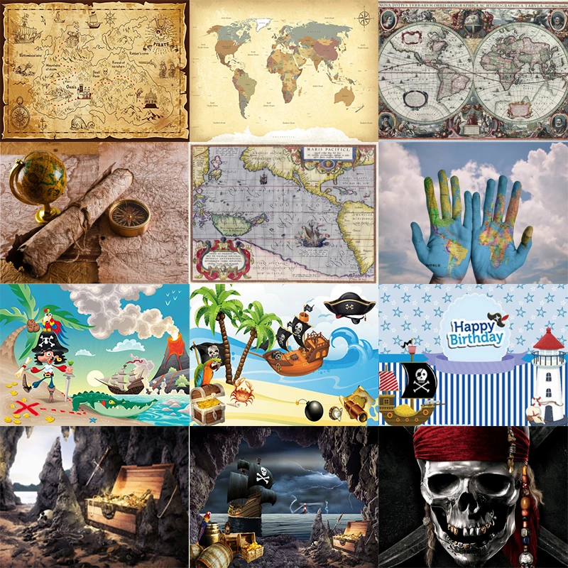 

Pirate Photo Backdrop Boys Happy Birthday Party World Treasure Map Decoration Travel Photography Backgrounds Banner