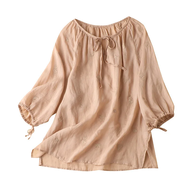 

SHUCHAN Lantern Sleeve Women Shirts Blouses Embroidery O-Neck Broadcloth Bohemian Thin Lovely Women's Blouses