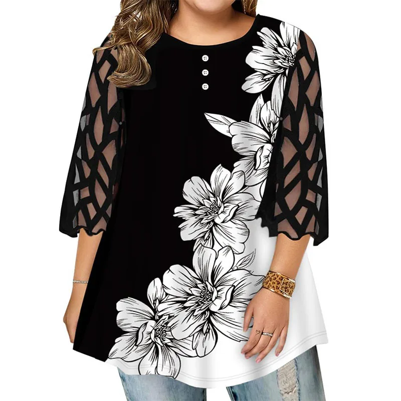 

Big Yards Women Street Printing Casual T-Shirt Lace Half Sleeve Chiffon Plus Size Elegant Tops Loose Pullover O-Neck Shirt