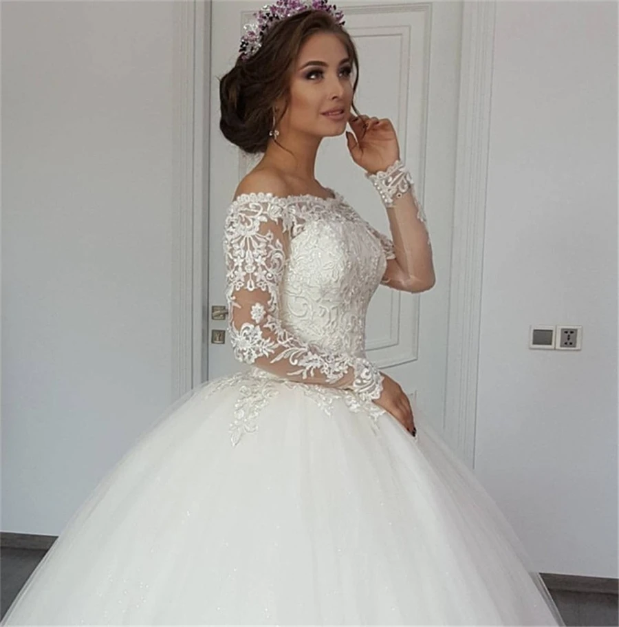 

Elegant Ball Gown Off the Shoulder Wedding Dresses vestidos de novia Modest Long Sleeve Appliqued Tulle Bride Dress