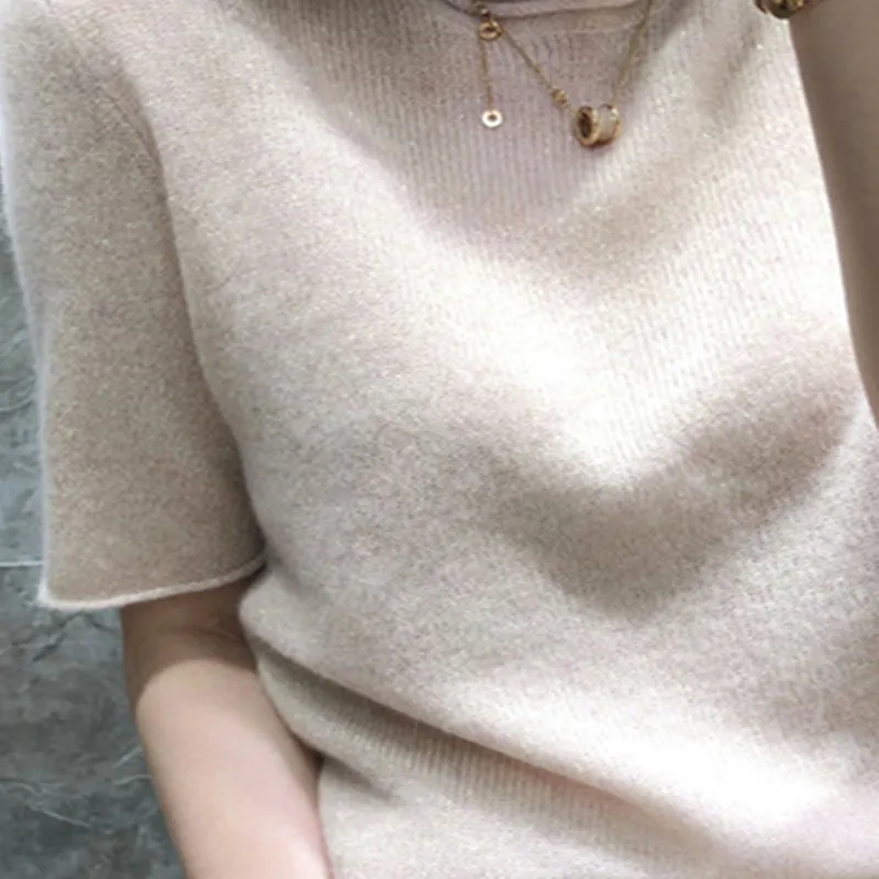 

New women's round neck cashmere sweater solid color knitted pullover fashion wild short-sleeved sweater five-point sleeve summer