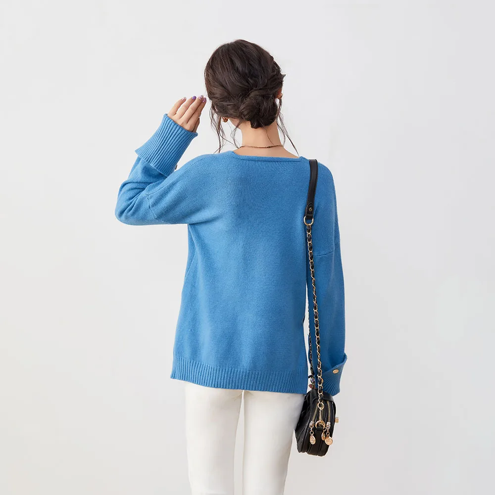 

Sweater Women Autumn Knit Top Japan Style Female Casual Tops V Neck Women Blue Sweater Long Sleeve Side Split Female Top