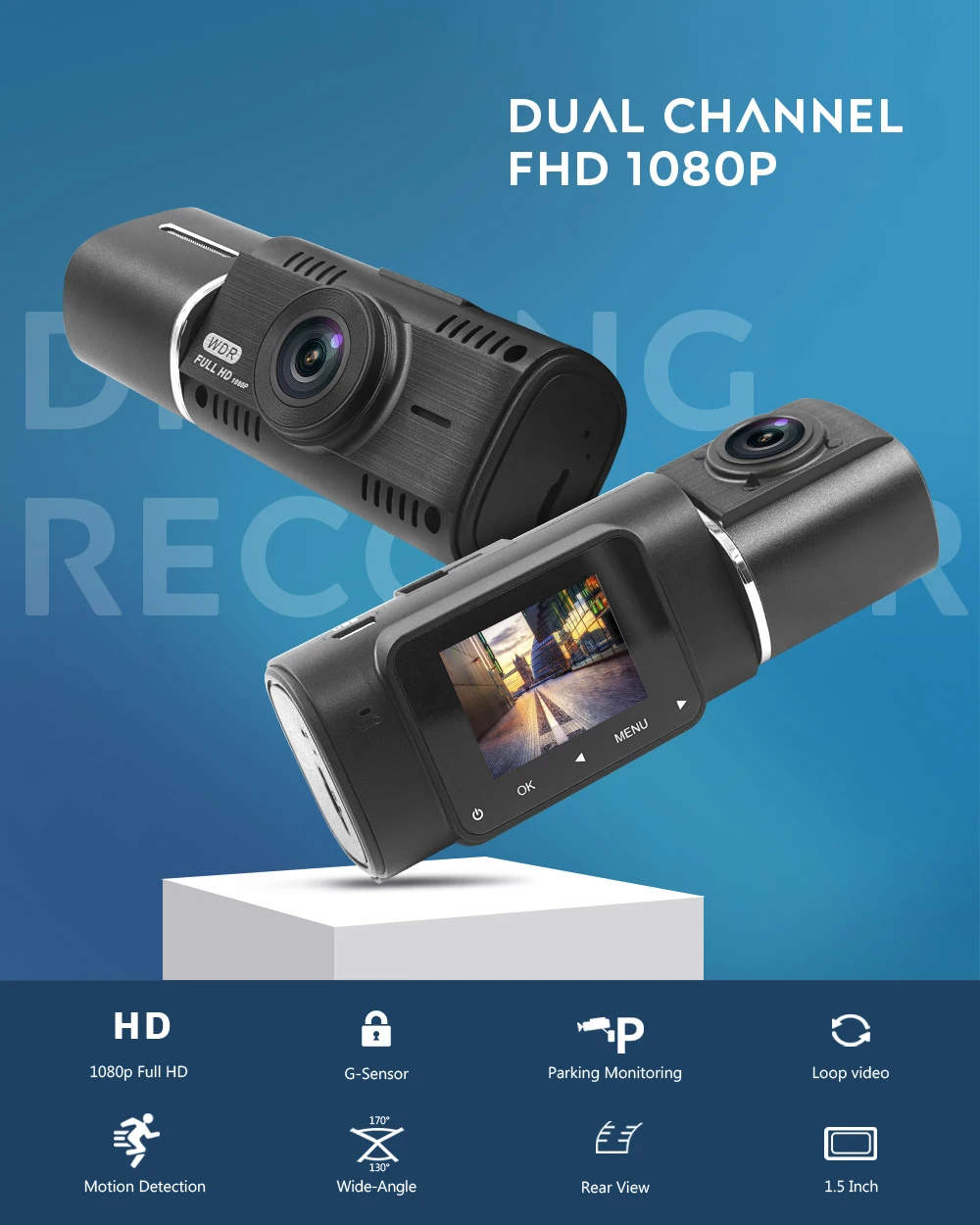 Автомобильный видеорегистратор 1," Full HD 1080P Dashboard двойной объектив видеорегистратор для автомобиля видеорегистратор 170 градусов видеокамера Dashcam ночного видения