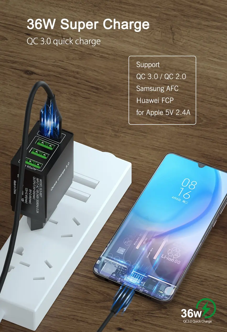 OREY 36 Вт QC 3,0 быстрое зарядное устройство, 4 порта USB зарядное устройство для samsung S10 Plus Quick Charge 3,0 зарядное устройство для Xiaomi Phone charger