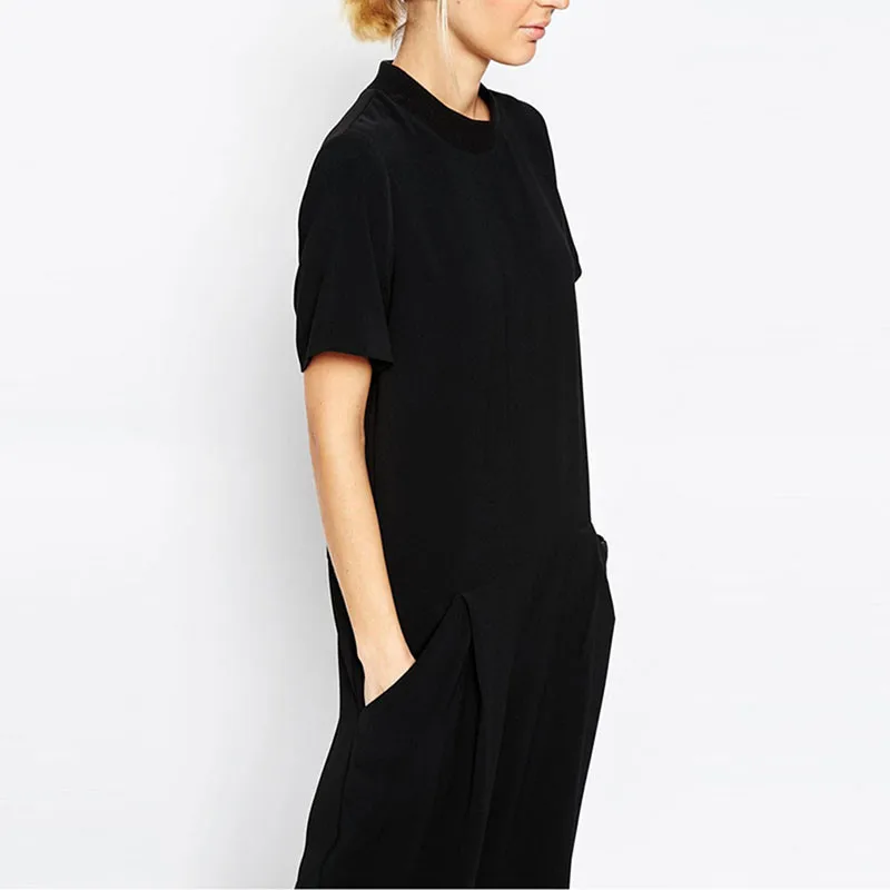 

2021 Summer Black Rompers Women Jumpsuit Elegant Side Pocket Loose-fitting Combinaison Femme Romper Overalls Jumpsuit for Women