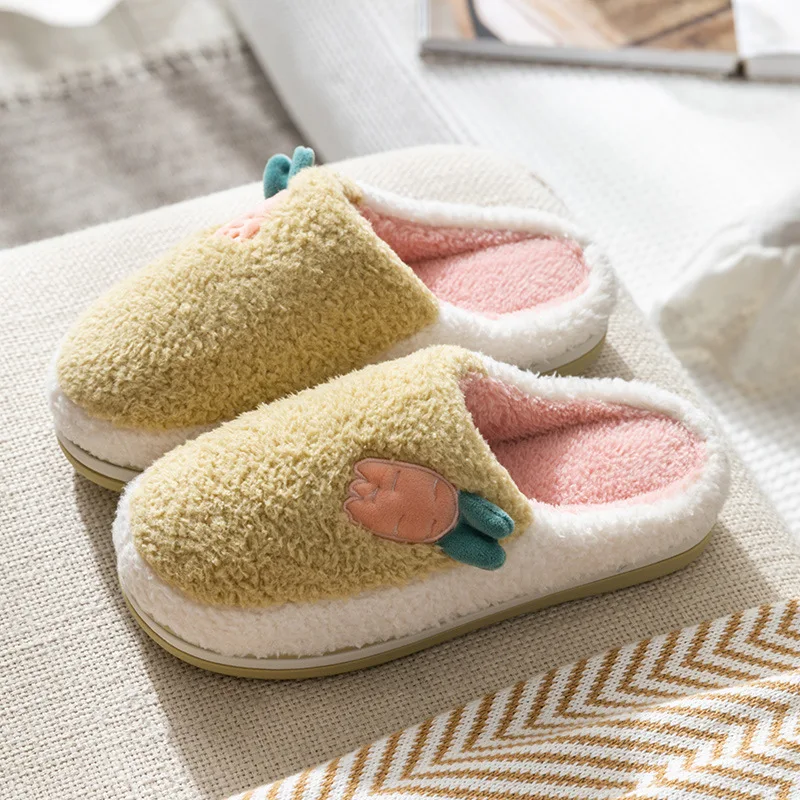

Lovely Women's Home Cotton Shoes Tick Heel Cute Flock Lovers Fur Slides Winter Indoor Non-slip Girls House Slippers Flip Flops