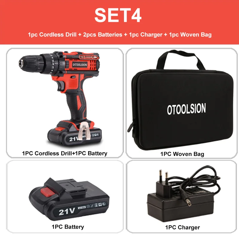 SET4 (2pc battery) Ударная перезаряжаемая отвертка 21 в 1,5 Ач на батареях шуруповёрт ударный электрический молоток ударное воздействие электрическая дрель, электроинструмент сумка - Цвет: SET4 (2pc battery)