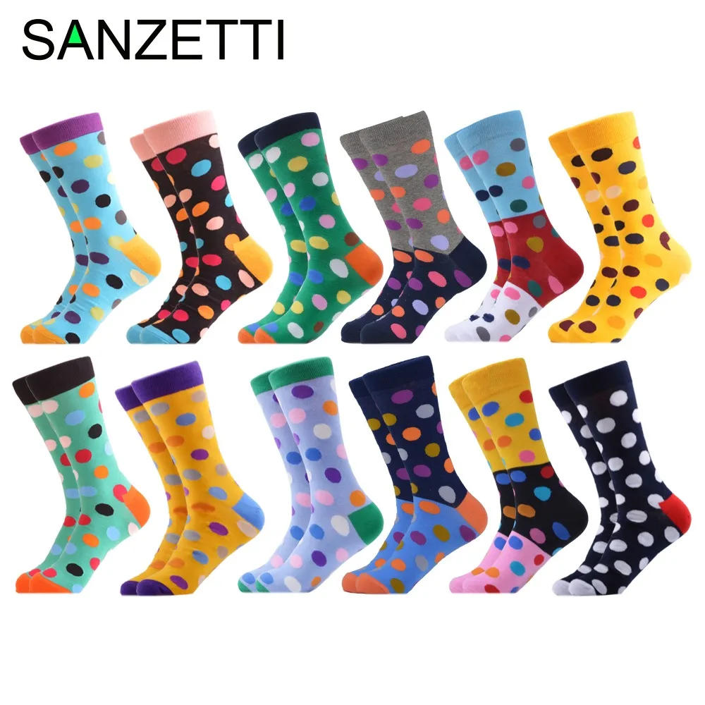 SANZETTI, 12 пар/партия, счастливые хлопковые мужские носки, цветной горошек, хип-хоп, классный уличный стиль, носки для мужчин, подарки на свадьбу, день рождения