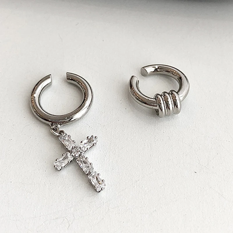 Kpop Серебряный цветной круг крест Earcuff для женщин с украшением в виде кристаллов