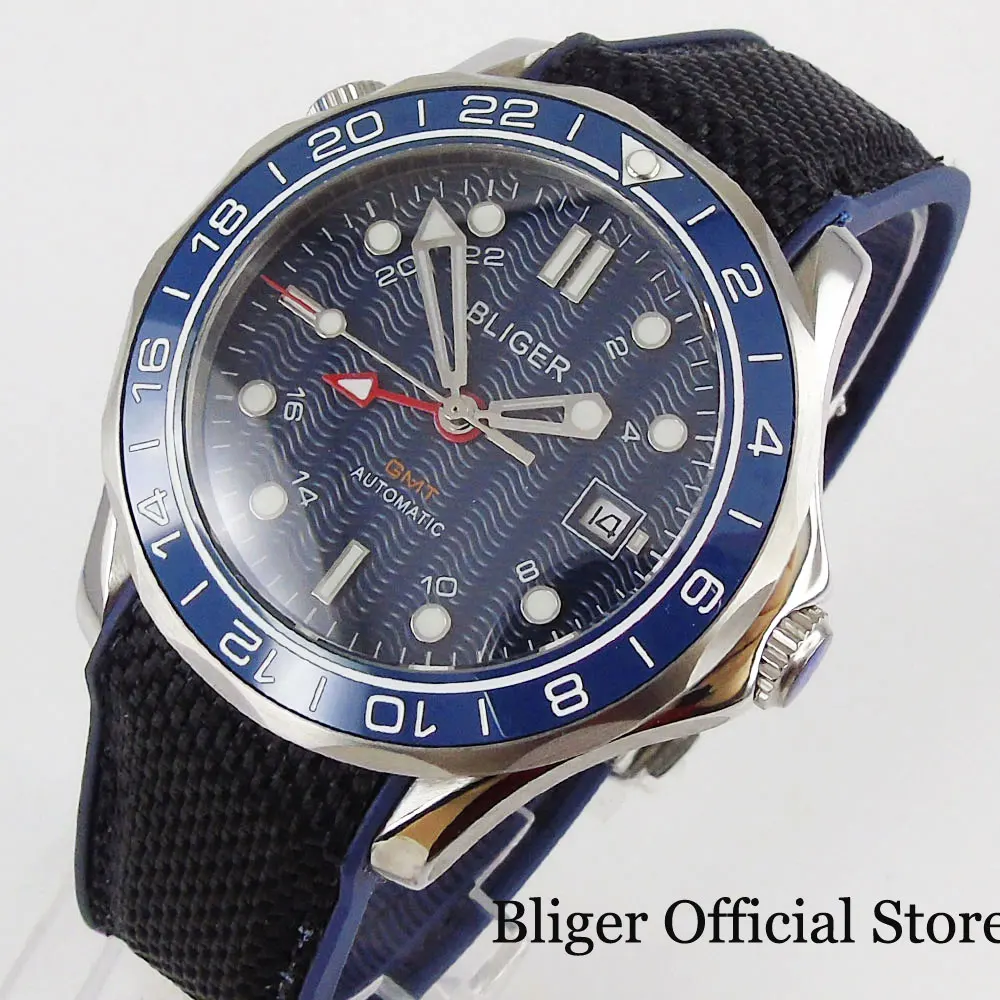 

BLIGER Blue Fashional 41mm Automatic Men Watch Sapphire Glass GMT Hand Rotating Bezel Rubber Band