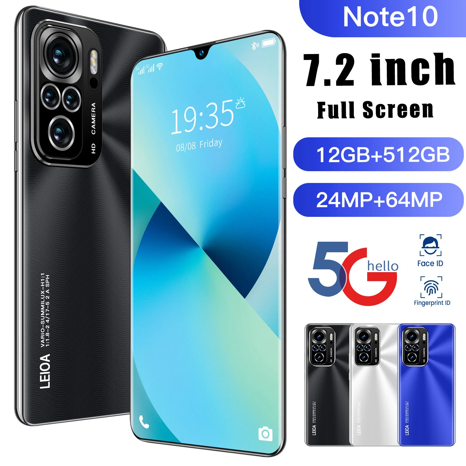 

Note 10 Smart Phone 12GB RAM 512GB ROM 7.2 Inch 24+64MP HD Screen Dual Sim Unlocked Smartphone Latest 5G NetWork Mobile Phone