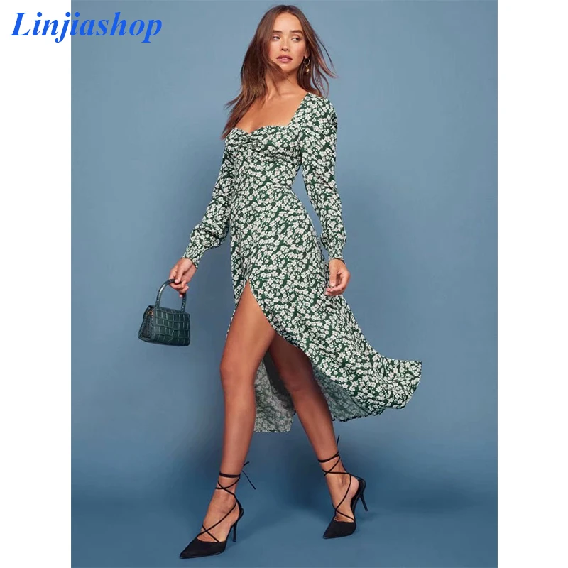 Винтажное элегантное осеннее платье с квадратным вырезом и принтом маргариток