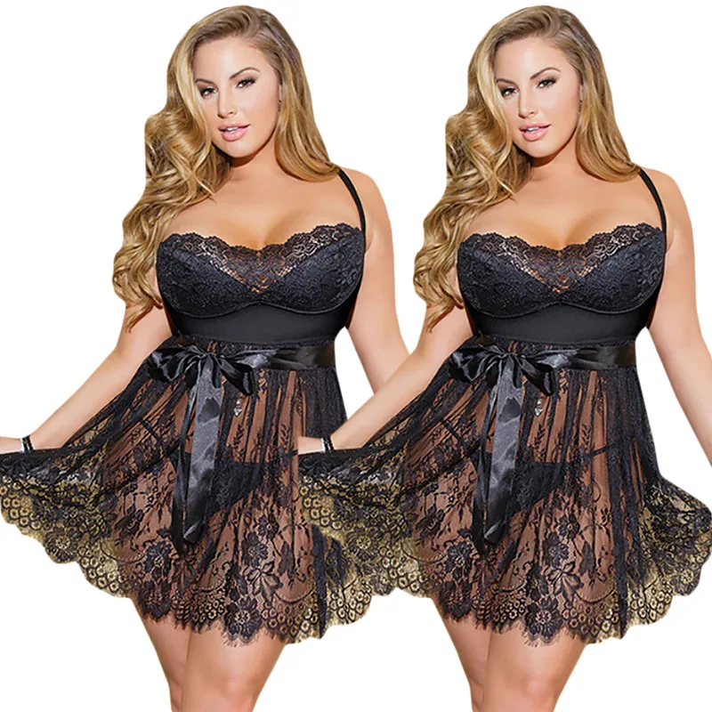 Plus Size Women Lace Nightgown Sling Floral Embroidery Nightdress Transparent Sleepwear Sexy Lingerie