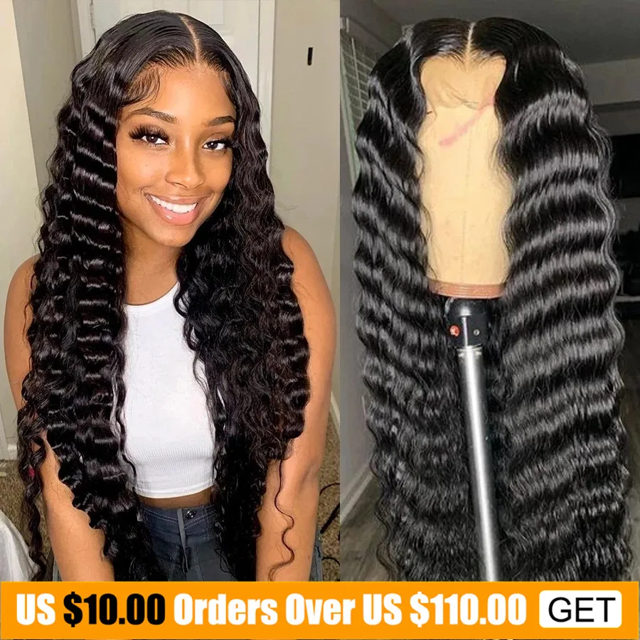 T Part Loose Deep Wave Frontal Wig Full Lace Front Human Hair Wigs For Women 4x4 Lace Closure Wig Brazilian Curly Human Hair Wig