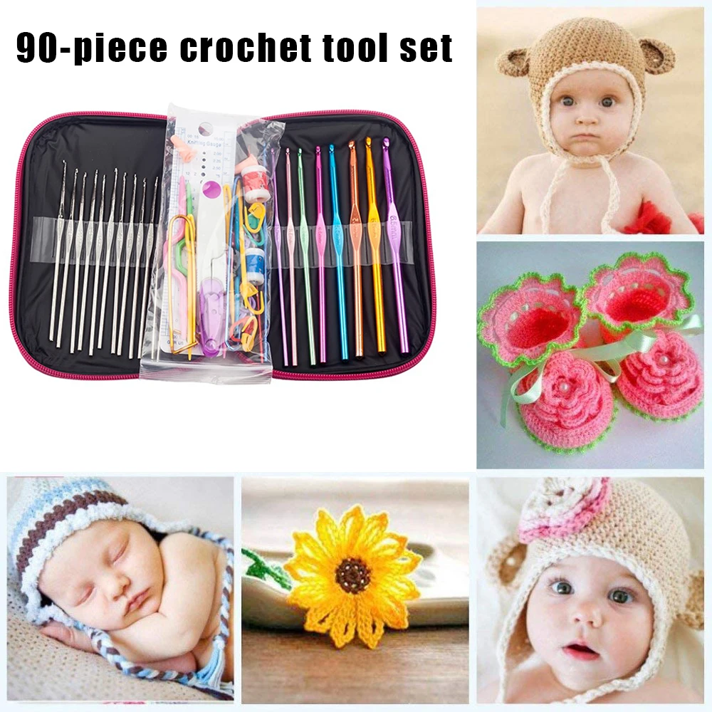 

90pcs Aluminum Crochet Hooks Gadgets Weave Craft Sweater Sewing Needles Set Multicolor Multi-Size Knitting Tool