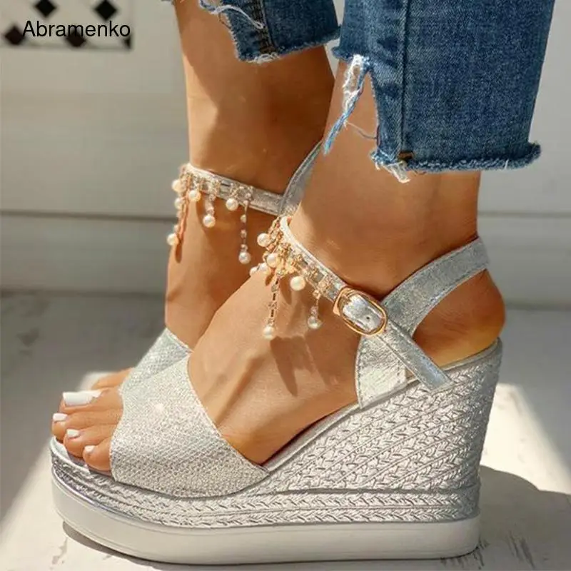 

New Women Wedge Sandals Summer Bead Studded Detail Platform Sandals Buckle Strap Peep Toe Thick Bottom Casual Shoes Ladies