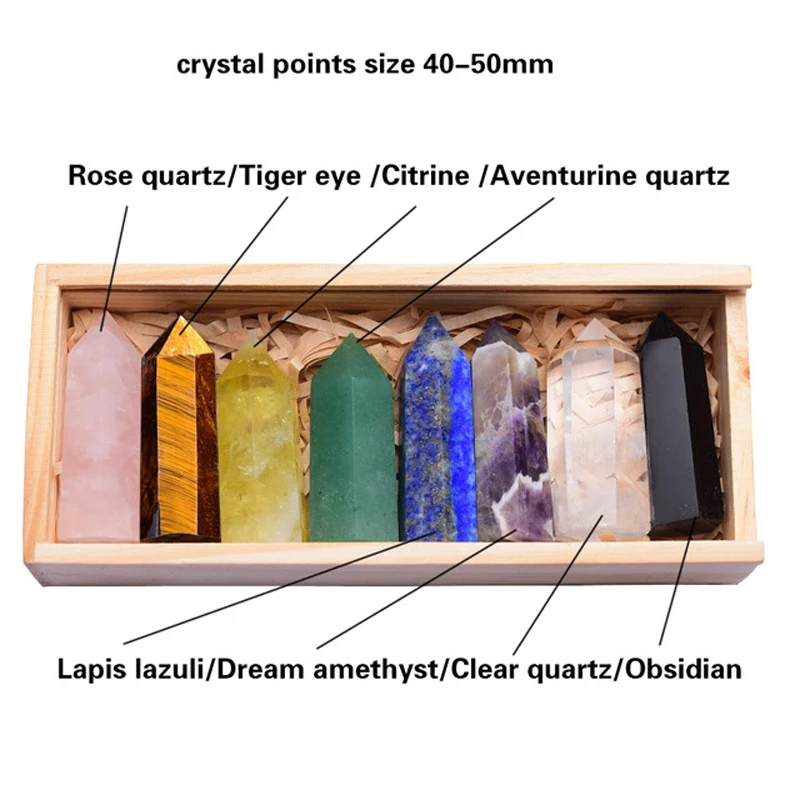 

8pcs/Wooden Box Natural Crystal Single Point Healing Crystal Wand 6 Faceted Reiki Chakra Stones Crystal Healing Prism for Reiki
