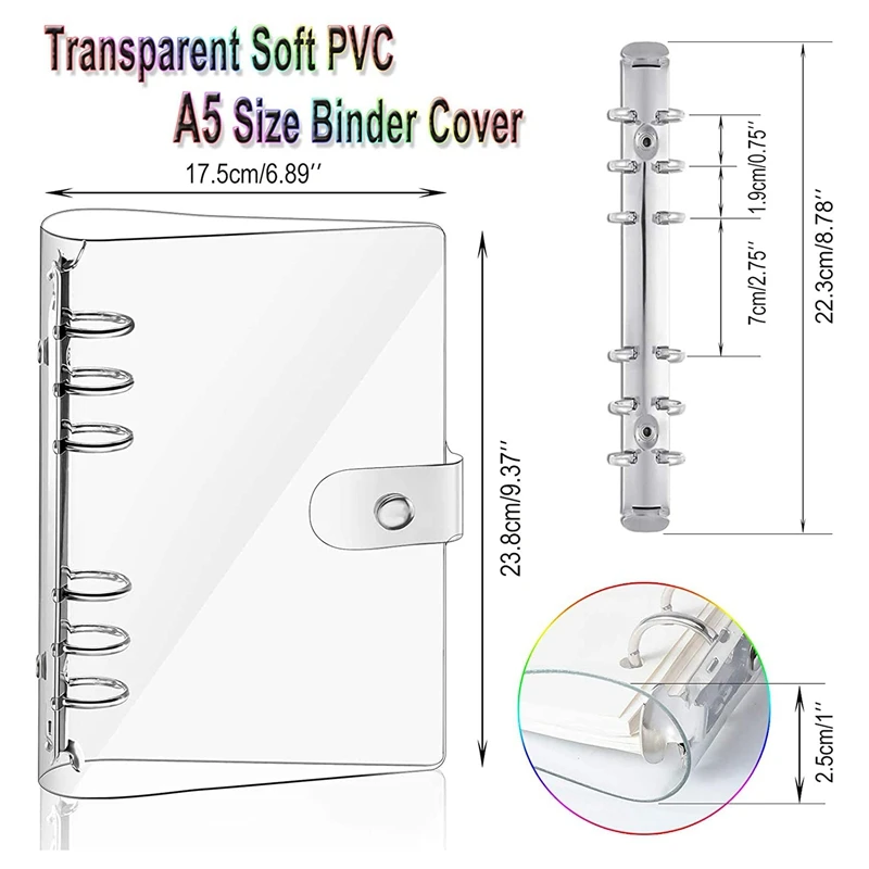 

2 PCS A5 Rainbow Soft PVC Notebook Binder Clear Soft PVC Notebook Cover, Loose Leaf Personal Planner Binder