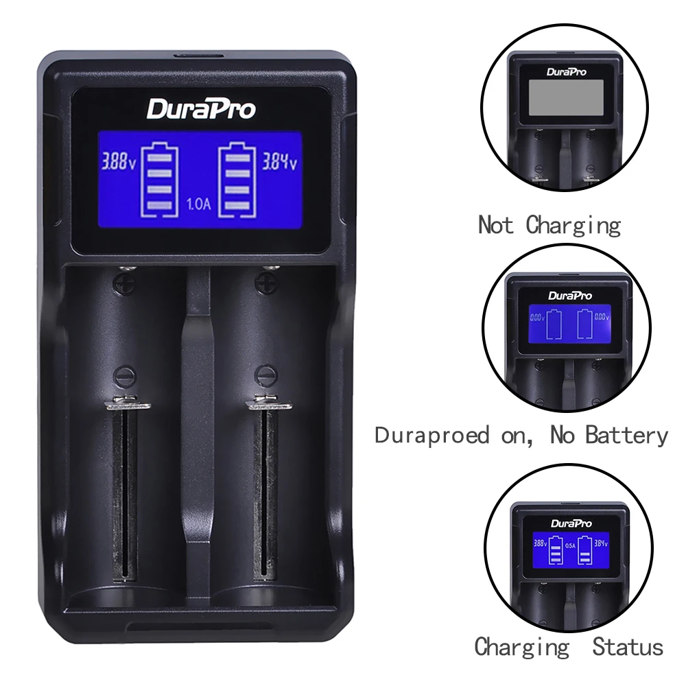 Зарядное устройство Durapro с двумя USB-портами и ЖК-дисплеем для 26650 22650 18650 18490 18350 17670