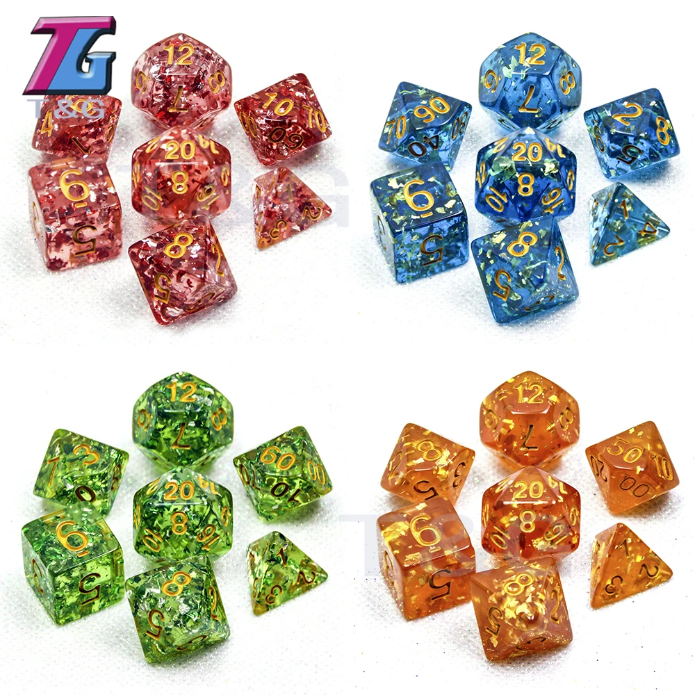 Dnd Rpg TRPG 7 шт./лот Набор цветных блестящих цифровых игральных костей D4 6 8 10 10% 12 20 для