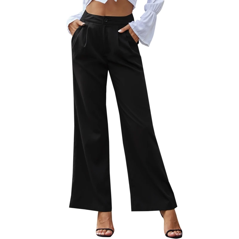 

Женские длинные брюки с высокой талией и широкими штанинами, однотонные повседневные свободные прямые брюки с карманами, весна-лето-осень