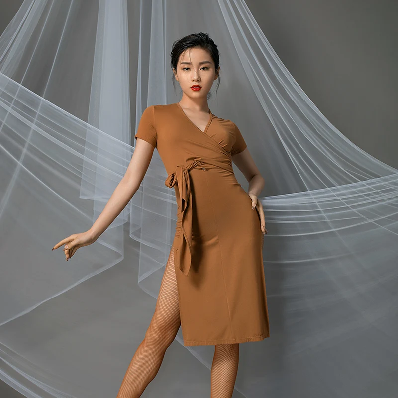 Женское платье для латиноамериканских танцев черная тренировочная одежда с V