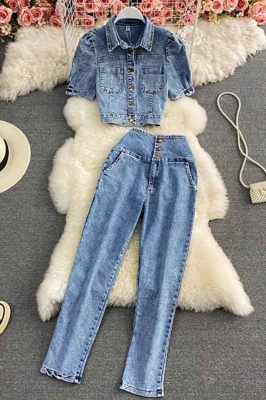 

Fashion women clothing two piece denim set with slim shirt short sleeve short tops and long pants casual for ladies girls 2021