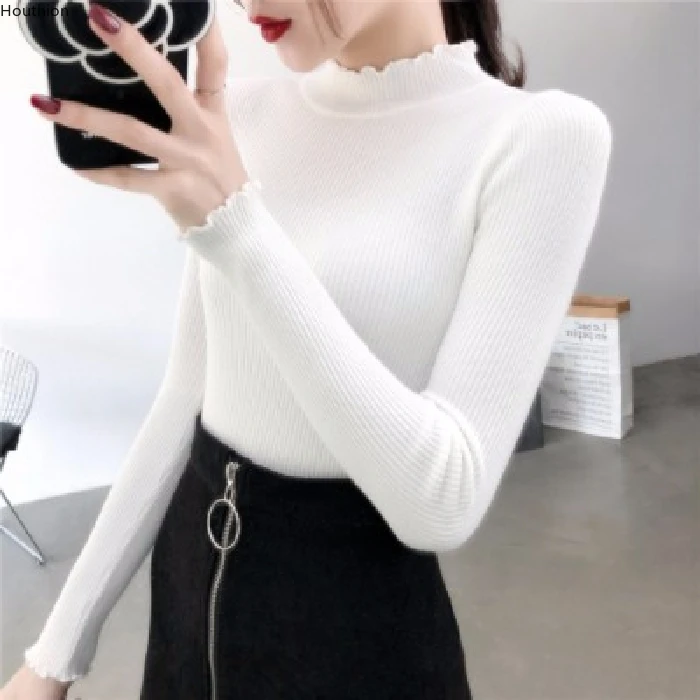 

Core Spun Yarn Women's Sweater New Fashion Casual Long Sleeve Spring Autumn Slim Stretch Office Lady COTTON Solid Top Houthion
