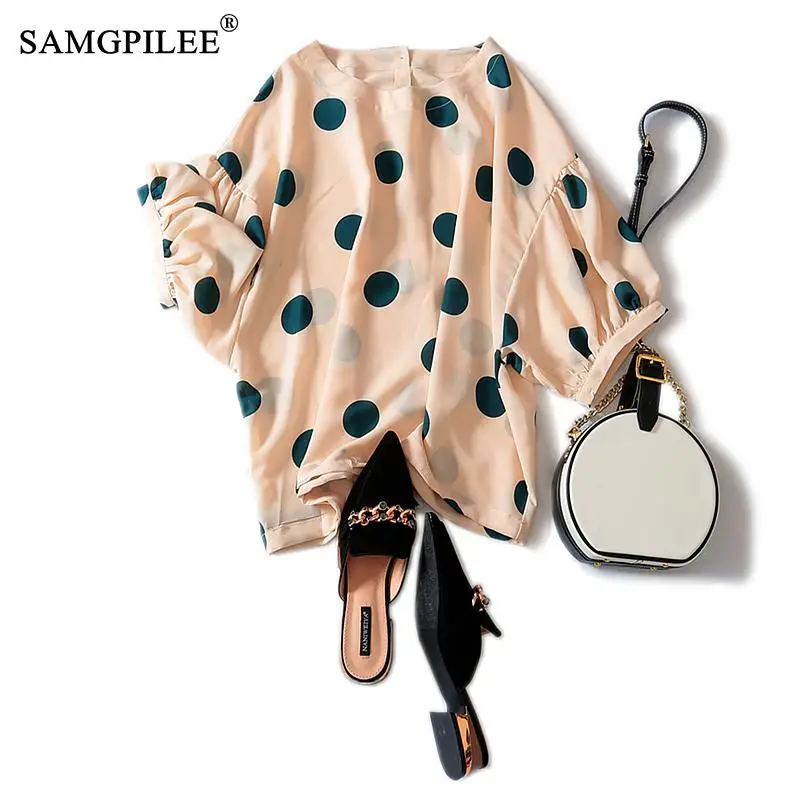 

Plus Size Women Korean Clothes Casual Blouse Women 2020 Chiffon Half Sleeve Button Polka Dot O-neck Lantern Sleeve Chiffon Women