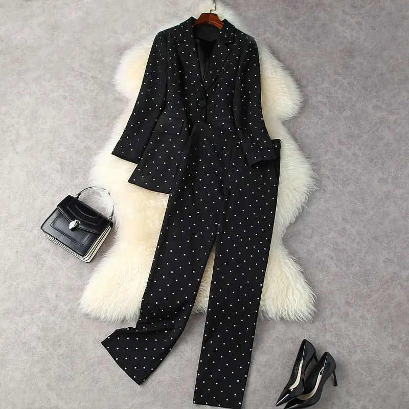 

Women's Suit Black Autumn Winter 2021 Office Lady Long Sleeve Single Breasted Blazer + High Waist Draped Straight Pants 2PCS Set