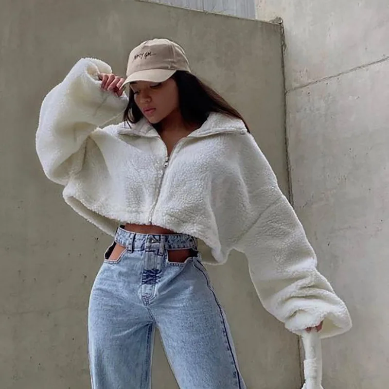 

2021 Women Winter Lamb Wool Metal Zipper High Neck Casual Warm Long Sleeve Oversize Streetwear Fashion Casual Coat