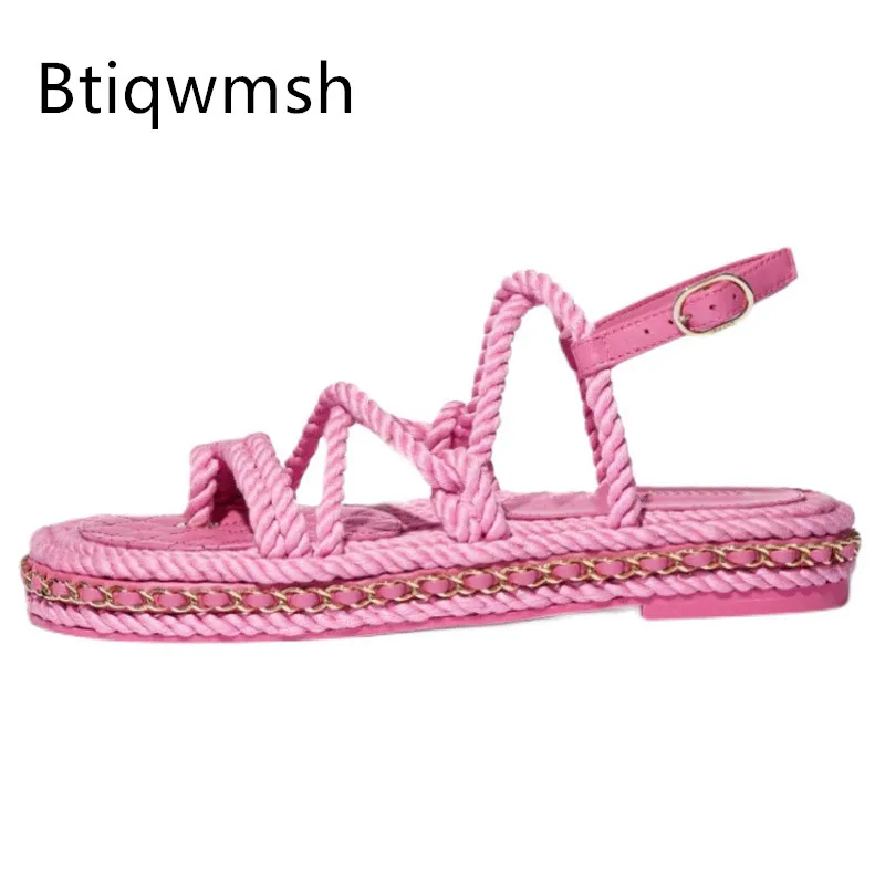 Розовые плетеные сандалии из пеньковой ткани, женские бежевые, черные стразы с цепочкой, модные пляжные Тапочки
